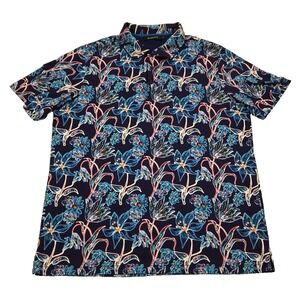 Bugatchi‎ Polo Shirt Mens M Black Blue Floral Colorful Hawaiian Golf Casual S/S